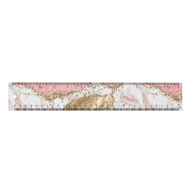 Pink White Marble Gold Glitter Ruler (Front)