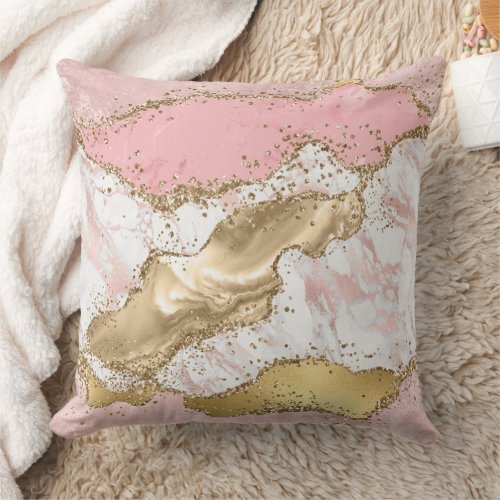 Pink White Marble Gold Glitter Throw Pillow