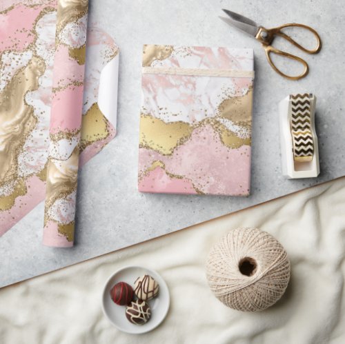 Pink White Marble Gold Glitter Wrapping Paper