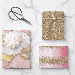 Pink White Marble Gold Glitter Wrapping Paper Sheets