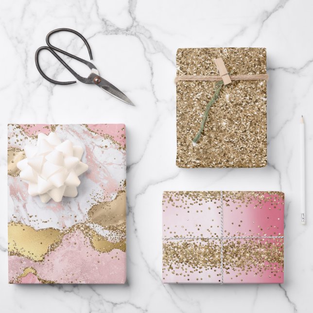 Pink White Marble Gold Glitter Wrapping Paper Sheets (Front)