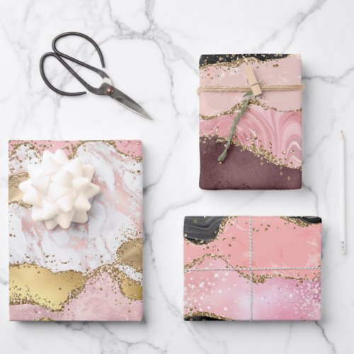 Pink White Marble Gold Glitter Wrapping Paper Sheets