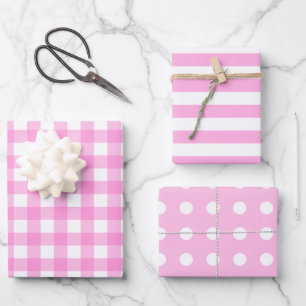 Pink White Matching Patterns Gingham Dots Stripe  Wrapping Paper Sheets