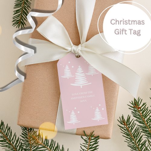 Pink White Minimalist Christmas Trees Gift Tags