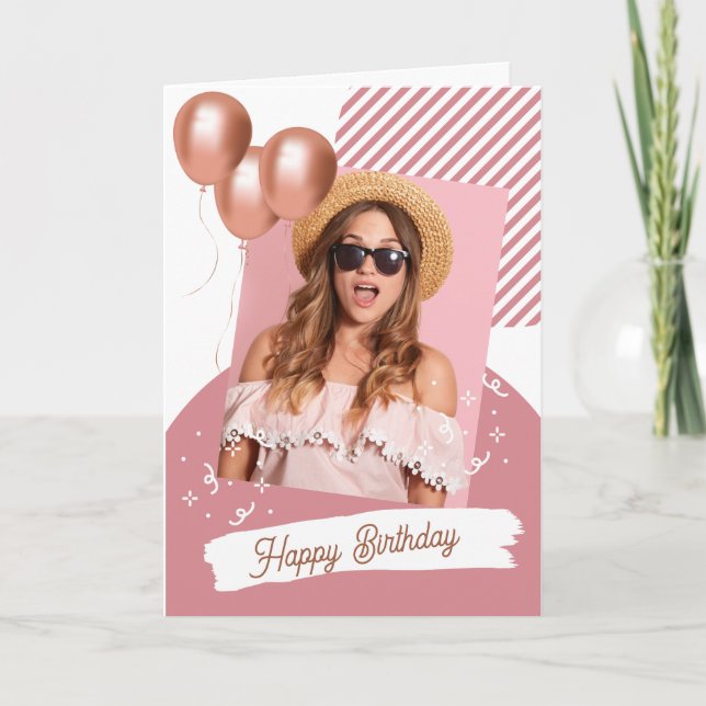 Pink White Minimalist Happy Birthday Folded  Card (Front)