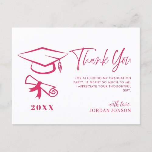 Pink White Minimalist Modern Graduation Thank You Postcard
