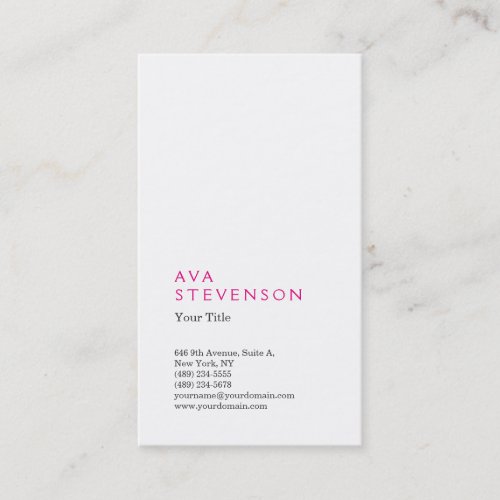 Pink White Minimalist Plain Modern Professional Business Card