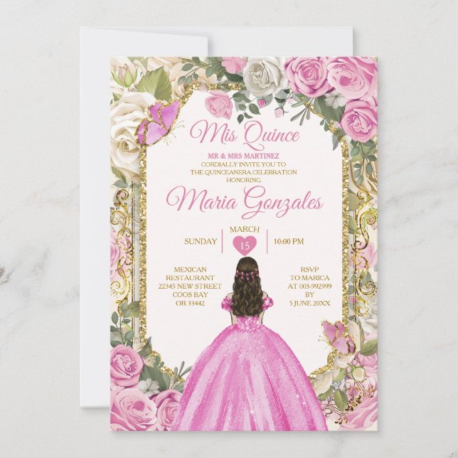 Pink & White Mis Quince 15 Anos Gold Crown Invitation (Front)
