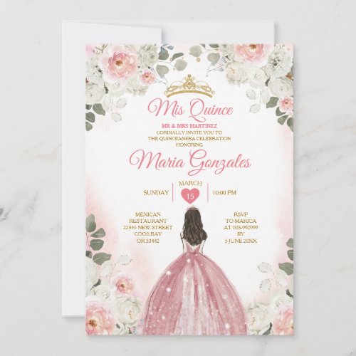 Pink  White Mis Quince 15 Anos Gold Crown Invitation