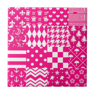 Pink White Mixed Patterns Patchwork Design Ceramic Tile