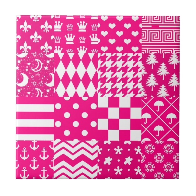 Pink White Mixed Patterns Patchwork Design  Ceramic Tile (Front)