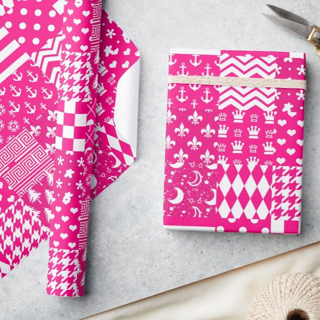 Pink White Mixed Patterns Patchwork Design  Wrapping Paper (Creator Uploaded)