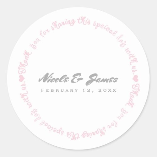 Pink  White Modern Chic Thank You Wedding Favor Classic Round Sticker