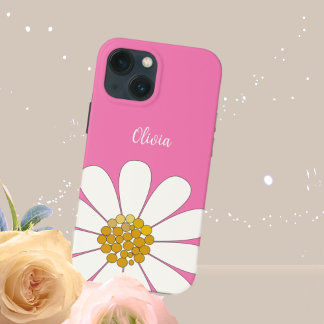 Pink White Modern Daisy Flower Personalize Name   iPhone 13 Mini Case