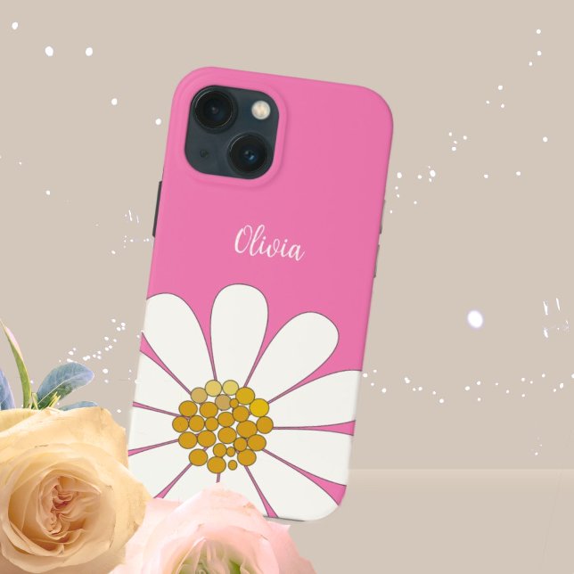 Pink White Modern Daisy Flower Personalize Name   Case-Mate iPhone Case (Creator Uploaded)