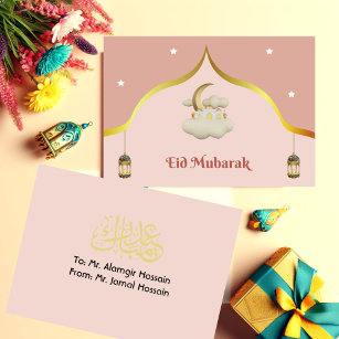 Pink White Modern Eid Mubarak Card