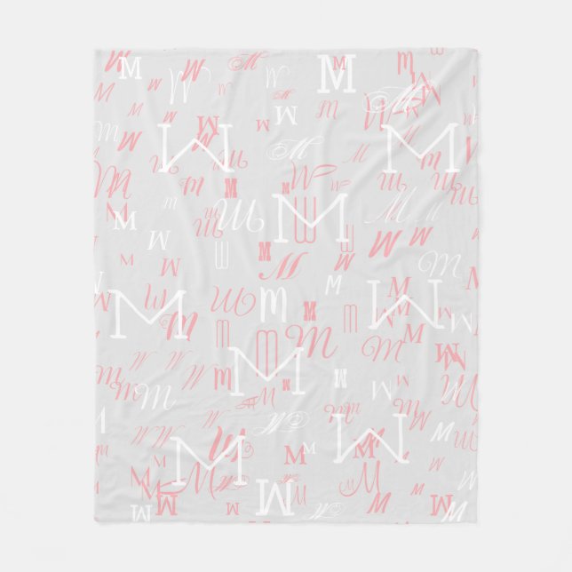 Pink/white modern monogrammed gray fleece blanket (Front)