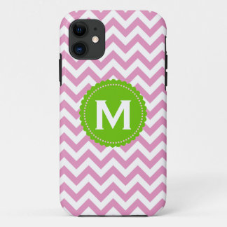 Pink White Monogram Chevron Pattern iPhone 11 Case