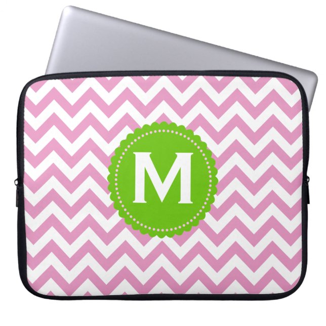 Pink White Monogram Chevron Pattern Laptop Sleeve (Front)