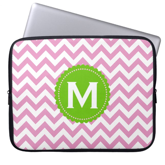 Pink White Monogram Chevron Pattern Laptop Sleeve (Front)