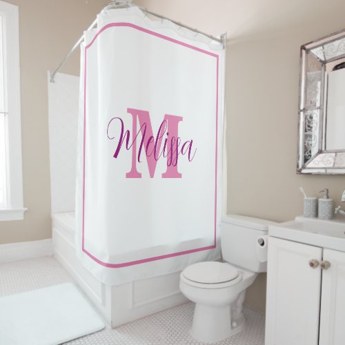 Pink White Monogram Initial Custom Name Elegant  Shower Curtain