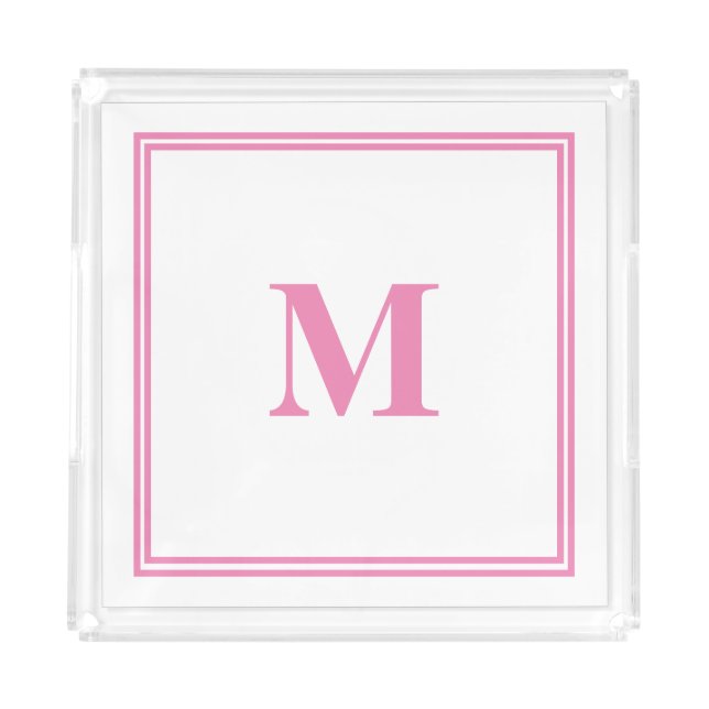 Pink White Monogram Initial Custom Name Striped Acrylic Tray (Front)