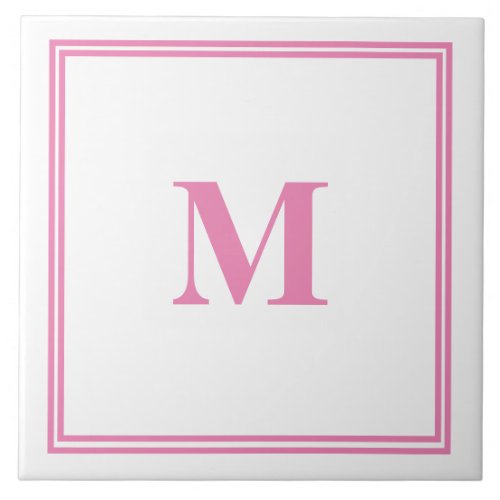 Pink White Monogram Initial Custom Name Striped Ceramic Tile