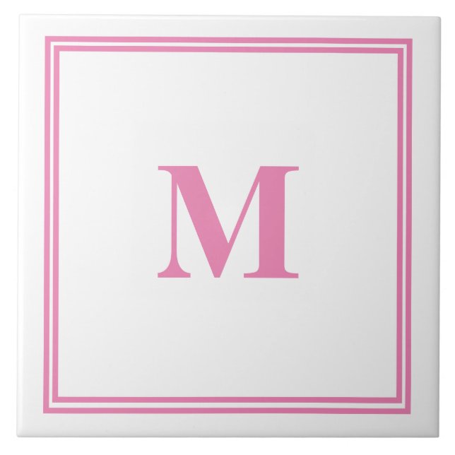 Pink White Monogram Initial Custom Name Striped Ceramic Tile (Front)