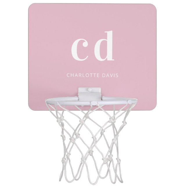 Pink white monogram initials name mini basketball hoop (Front)