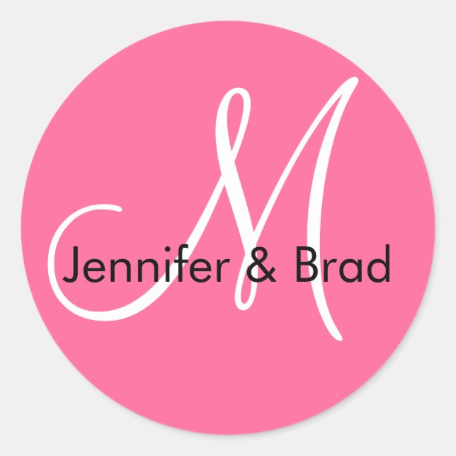 Pink White Monogram M  Bride Groom Names Classic Round Sticker (Front)