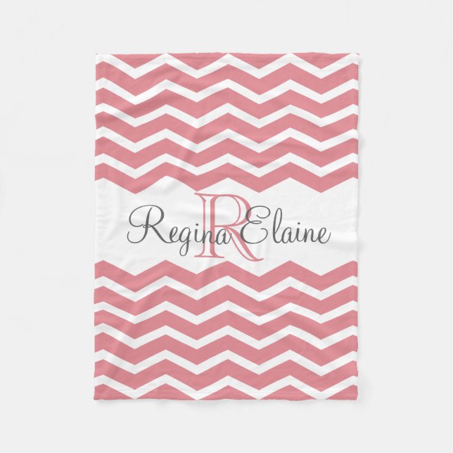 Pink White Monogram Name Keepsake Chevron Fleece Blanket (Front)