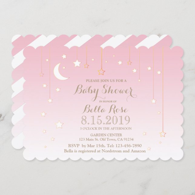Pink White Moon Star Girl Baby Shower Invite (Front/Back)