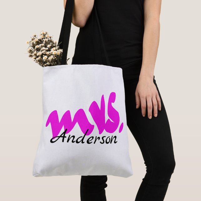 Pink White Mrs. Gifts Party Favor Monograms Cute Tote Bag (Close Up)