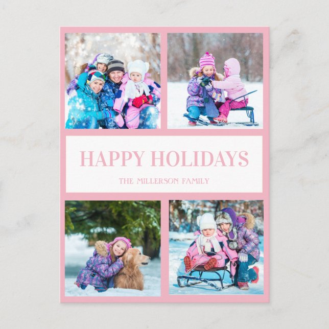 Pink White Multi Photo Christmas Holiday Greeting Postcard (Front)