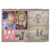 Pink White Multiple Photos Custom Monogram Throw Blanket