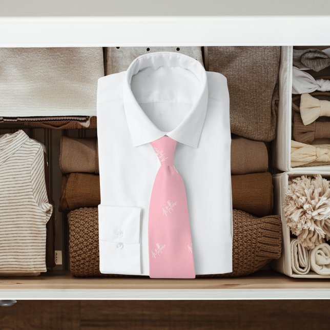 Pink white name pattern modern script neck tie (Creator Uploaded)