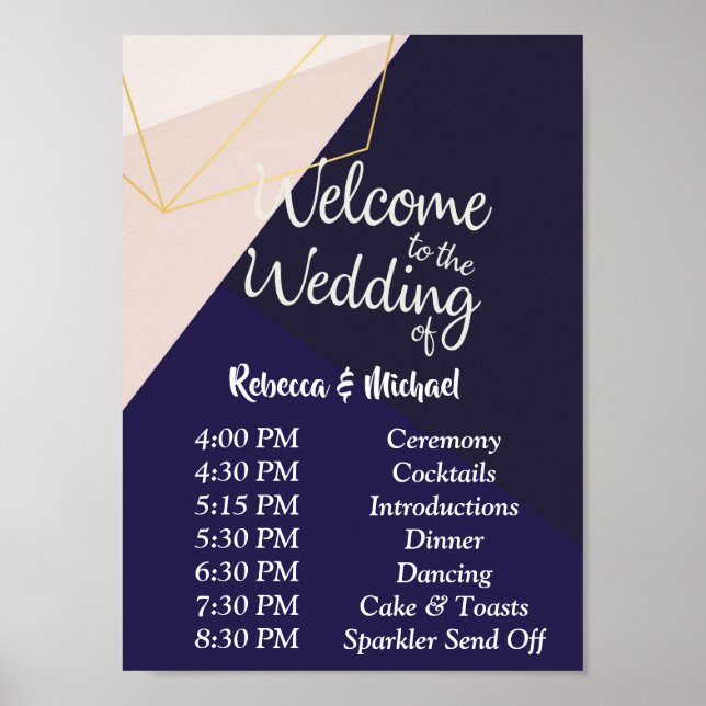 Pink white navy blue & gold geom Order of Events P Poster (Front)