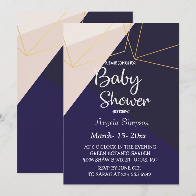 Pink white navy blue & gold geometric Baby Shower Invitation (Front/Back)