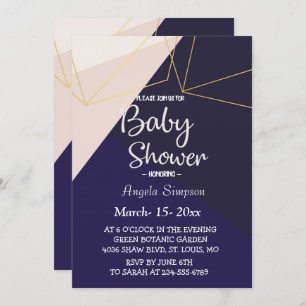 Pink white navy blue & gold geometric Baby Shower Invitation