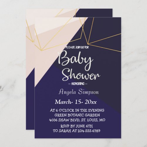 Pink white navy blue  gold geometric Baby Shower Invitation
