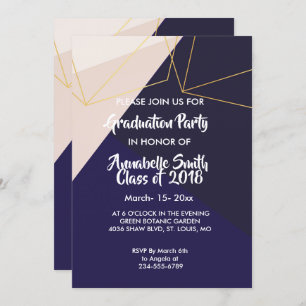 Pink white navy blue & gold geometric Graduation Invitation