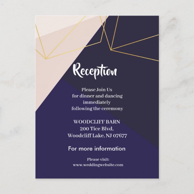Pink white navy blue & gold geometric reception announcement postcard (Front)