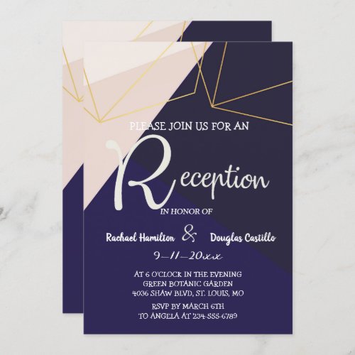 Pink white navy blue  gold geometric reception invitation