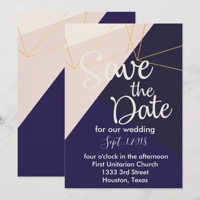 Pink white navy blue & gold geometricsave the date invitation (Front/Back)