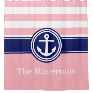 Pink White Navy Blue Nautical Stripe Anchor CB Shower Curtain