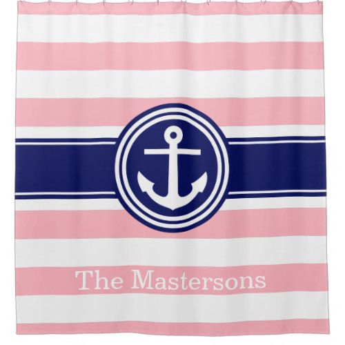 Pink White Navy Blue Nautical Stripe Anchor Shower Curtain