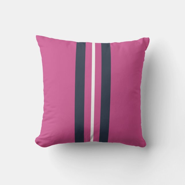 Pink White Navy Vertical Stripes Outdoor Pillow (Front)