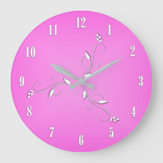 Pink White Numbers Vine Accents Large Clock