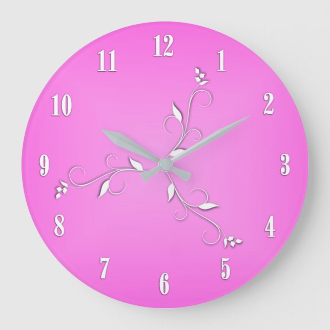 Pink White Numbers Vine Accents Large Clock (Front)
