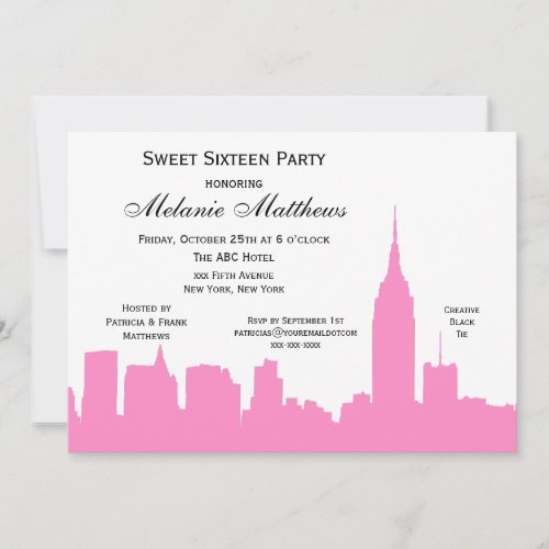 Pink White NYC Skyline Silhouette Sweet Sixteen Invitation